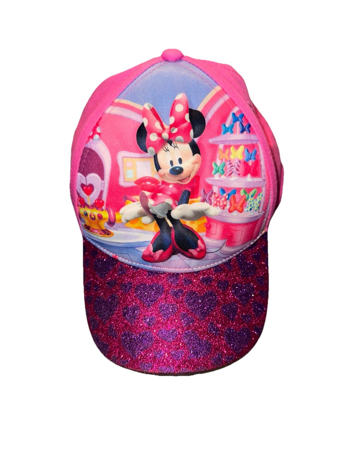 Disney Minnie Mouse Youth Baseball Hat – Pink Glitter Brim – Adjustable – Used