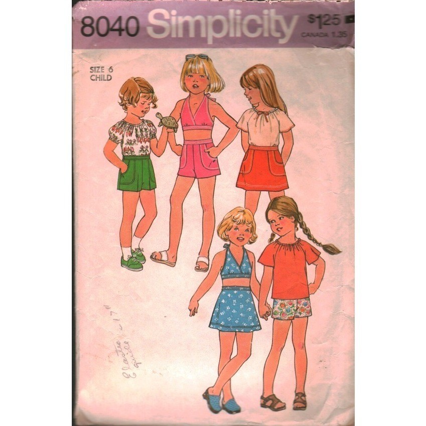 Vintage 1977 Simplicity 8040 Child Shorts Skirt Halter Pullover Top Pattern Sz 6 Vintage 1977 Simplicity 8040 Child Shorts Skirt Halter Pullover Top Pattern Sz 6