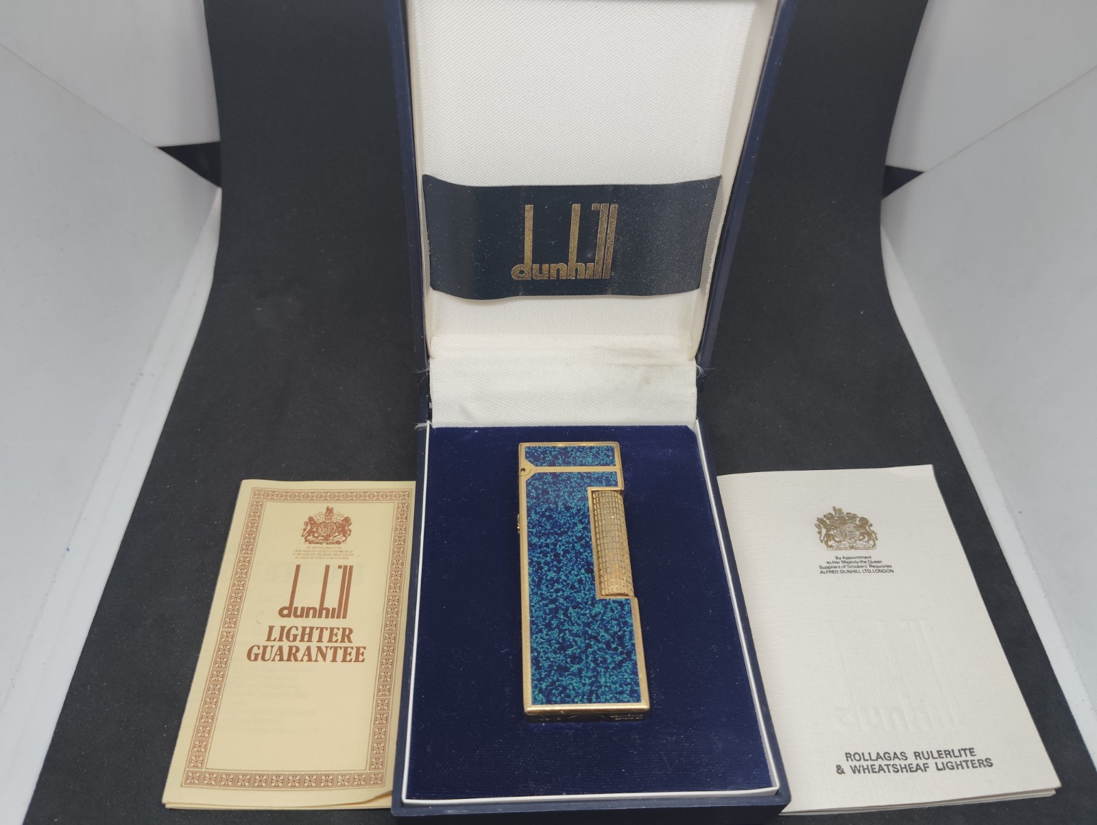 Vintage Dunhill Rolla gas lighter Lapis Lazuli with box.