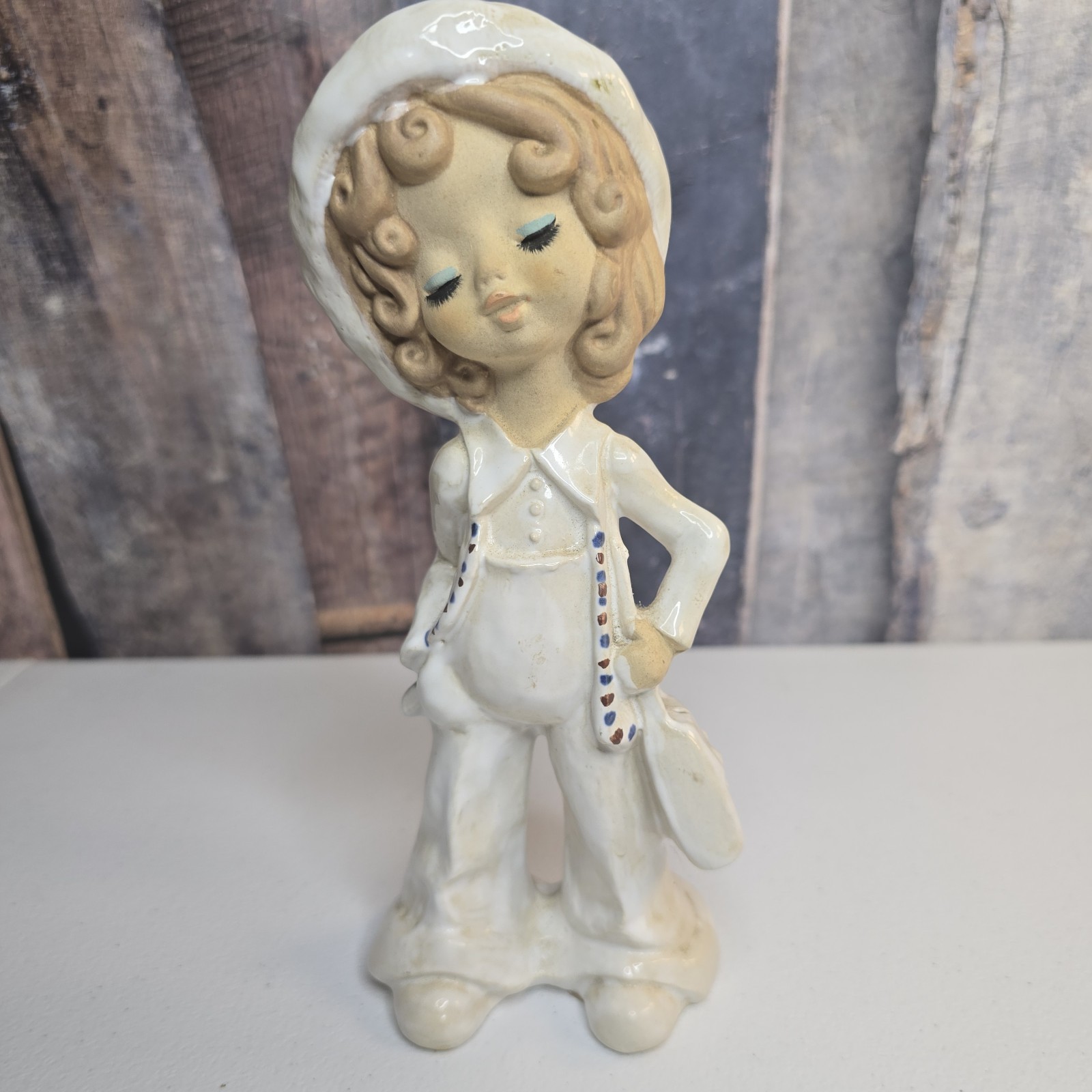 Vintage Young Teenage Girl Porcelain Figurine Lashes Carrying Purse Hat JAPAN Vintage Young Teenage Girl Porcelain Figurine Lashes Carrying Purse Hat JAPAN