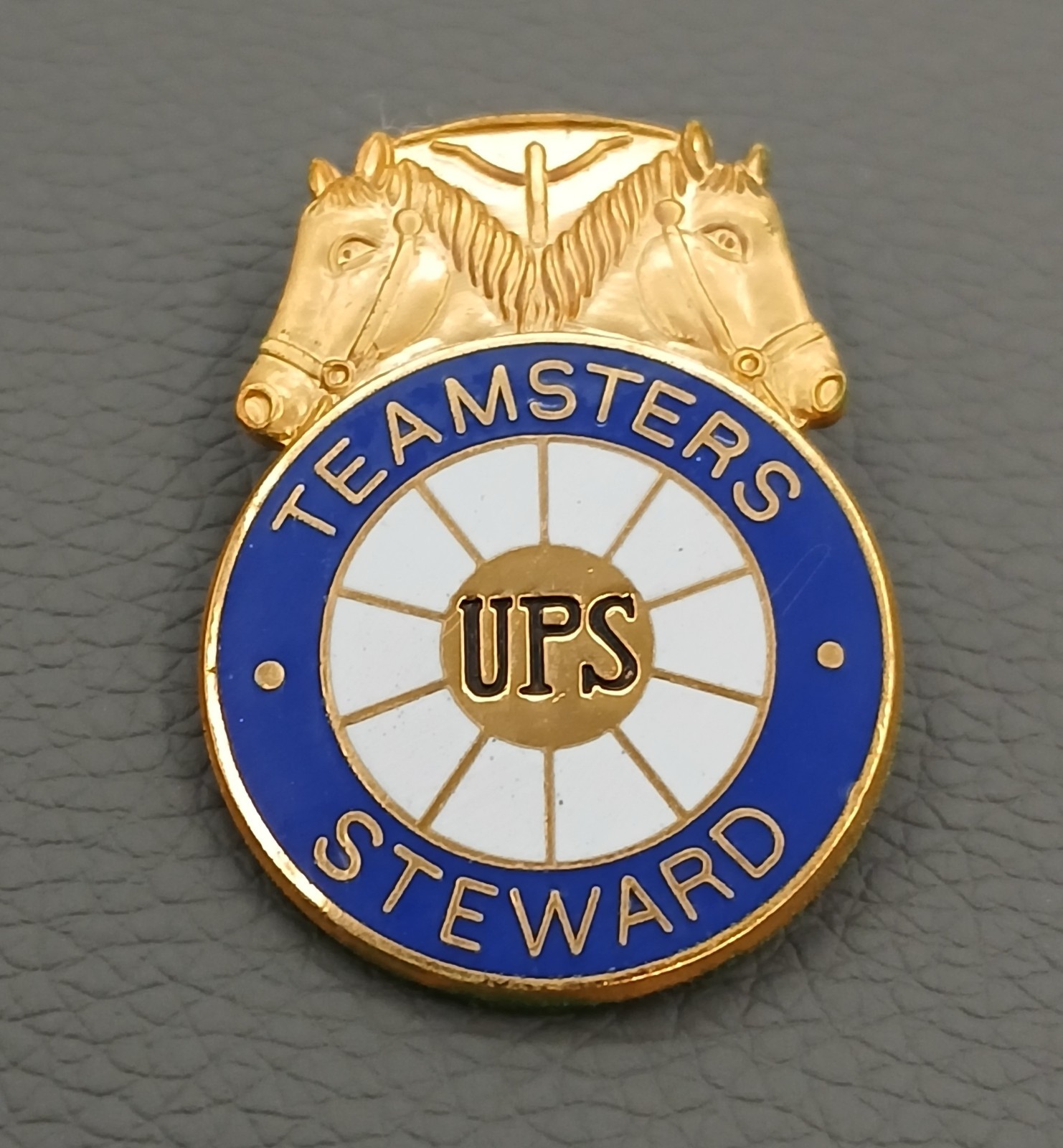 Vintage Teamsters UPS Steward Pin 1.5in Gold Tone Blue Enamel Union Horses