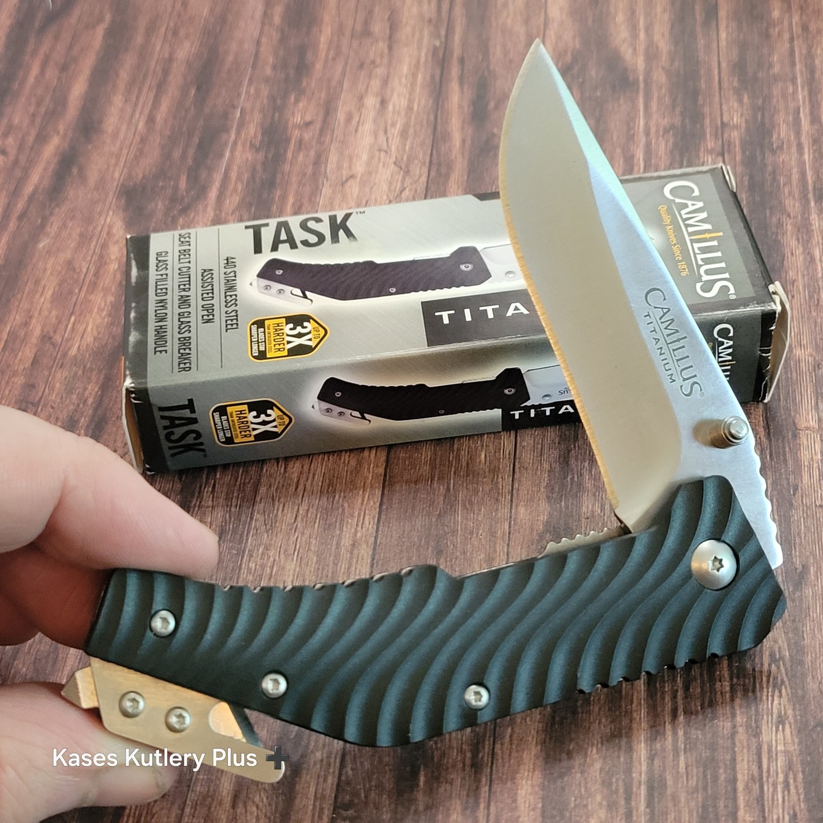 Camillus Titanium Task 19385 A-O Liner Lock Folding Pocket Knife W/Belt Cutter