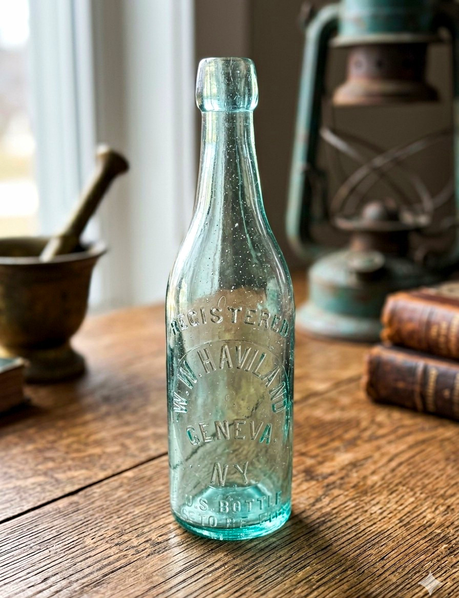 Antique W W Haviland Geneva NY Blob Top Bottle Uranium Vaseline Glass Glows 9.5\