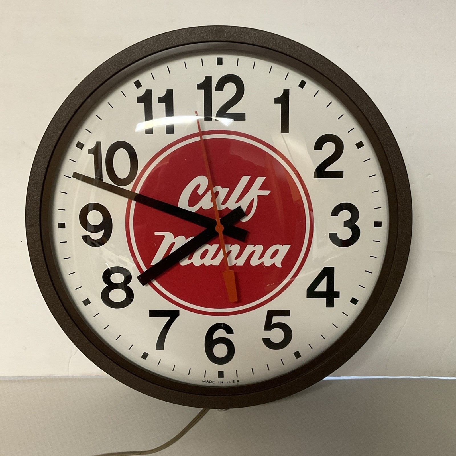 Vintage Calf Manna Advertising Wall Clock 14” Works Glass Face Made In USA Vintage Calf Manna Advertising Wall Clock 14” Works Glass Face Made In USA