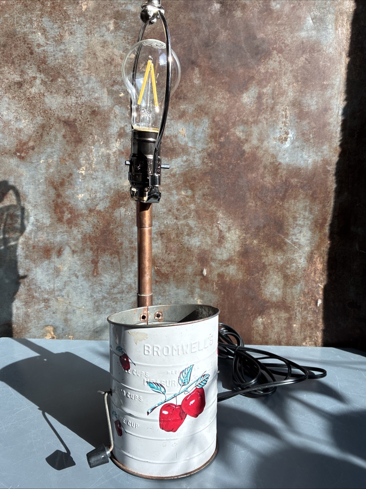 Bromwell\'s Vintage Metal Flour Sifter 3-Cup Measuring Upcycled Lamp Works