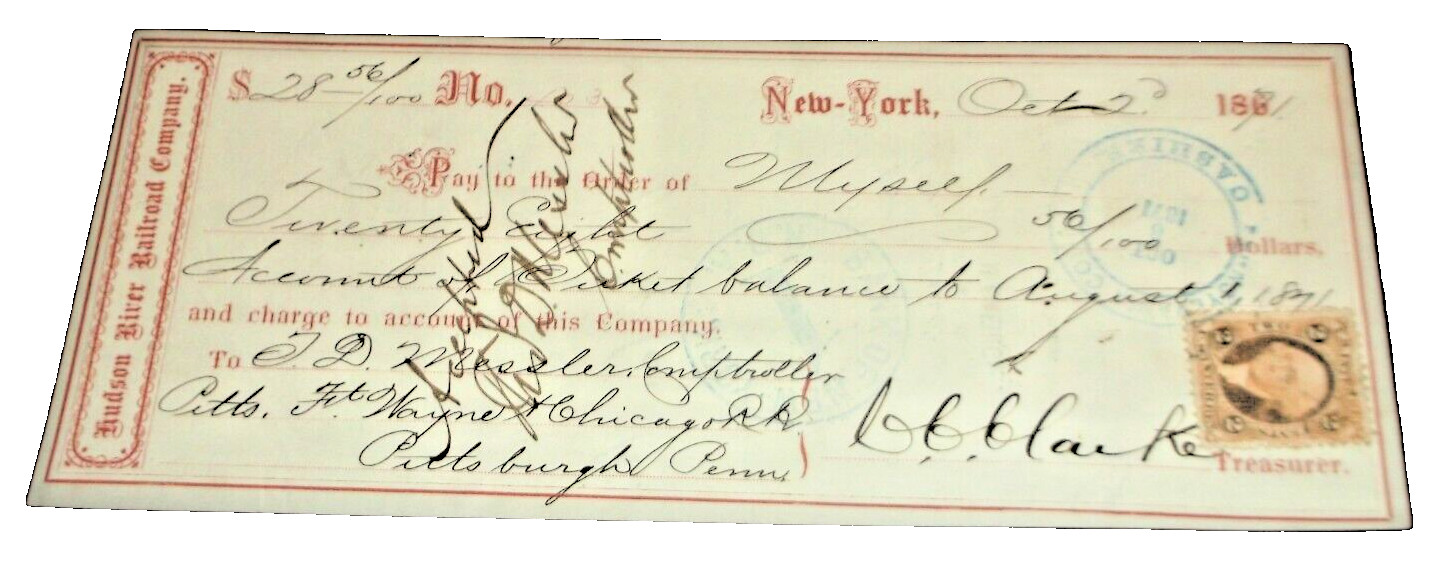 OCTOBER 1871 HUDSON RIVER RAILROAD COMPANY CHECK