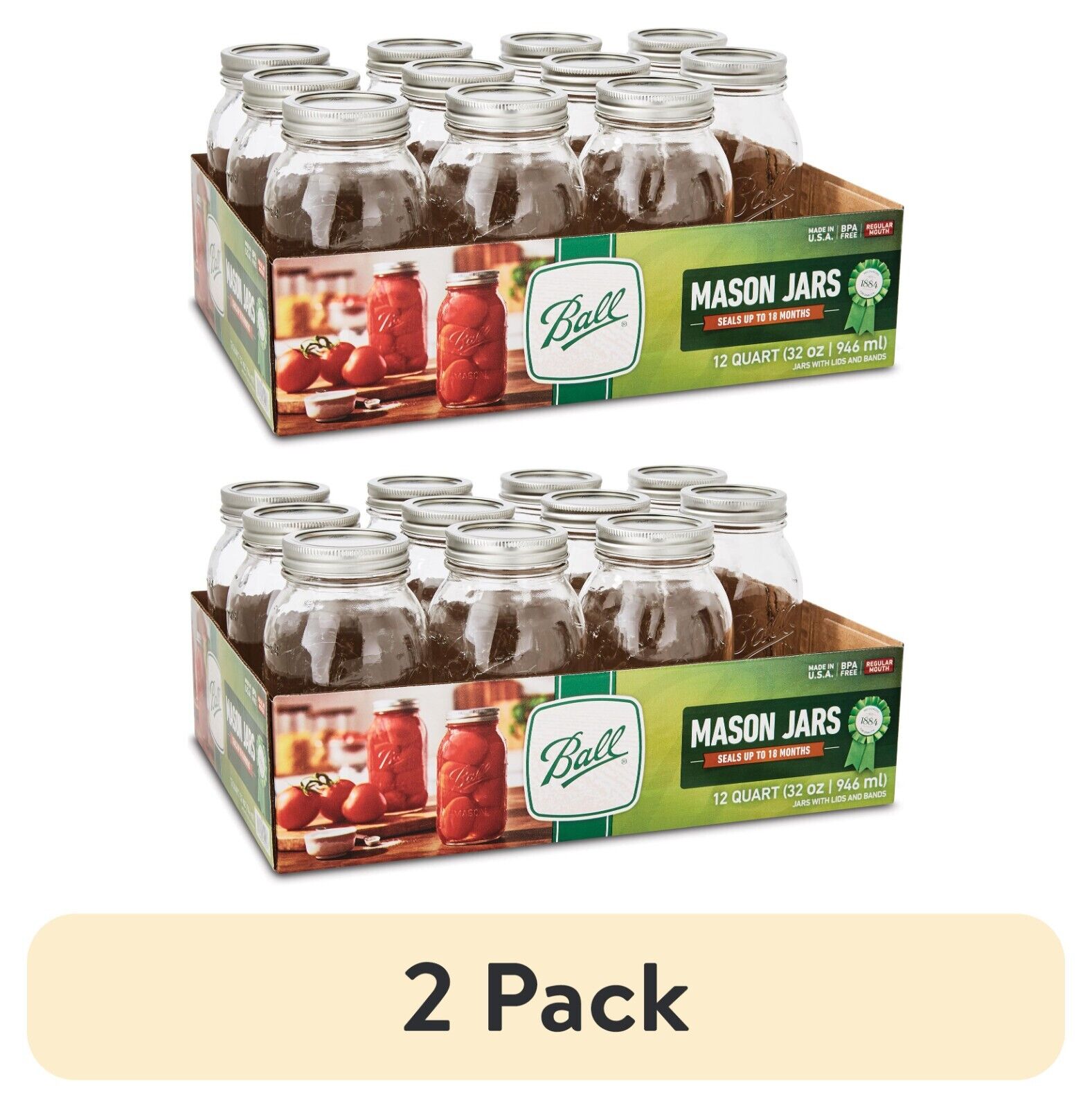 (2 pack) Ball Regular Mouth Canning Jar 12/Pkg Quart, 32 oz Mason Jars & Canning