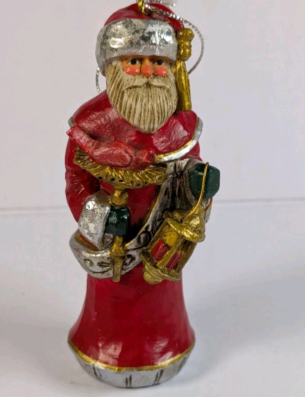 Vintage Pam Schifferl Folk Art Santa Claus Ornament with Lantern & Red Cardinal