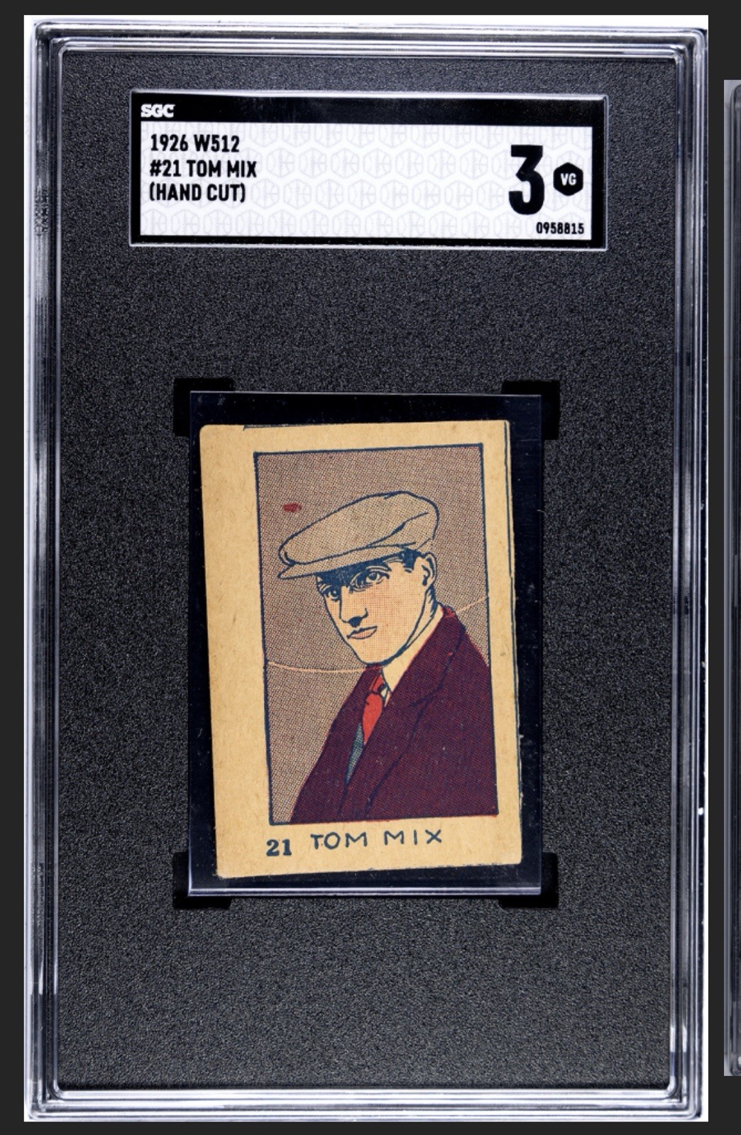 1926 W512 TOM MIX #21 SGC 3 VG Hand Cut Movie Stars Strip Card in “Tuxedo” Slab 1926 W512 TOM MIX #21 SGC 3 VG Hand Cut Movie Stars Strip Card in “Tuxedo” Slab