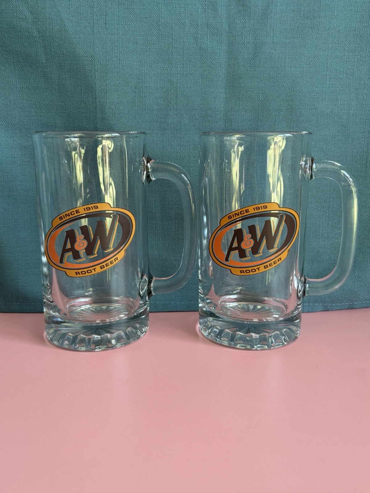 Vintage A &W Rootbeer Glass Mugs Set of 2 Heavy Duty With Logo