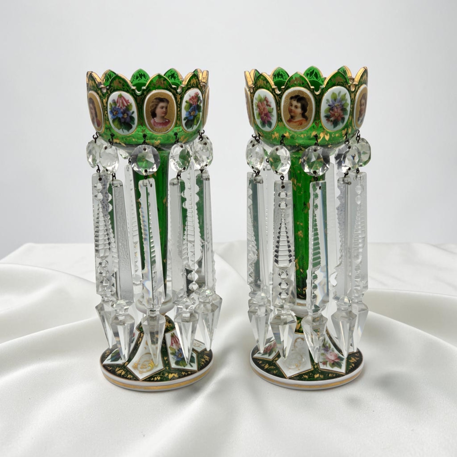 2 Antique 1800\'s Bohemian Moser Emerald Green Enameled & Gold Gilt Glass Lustres
