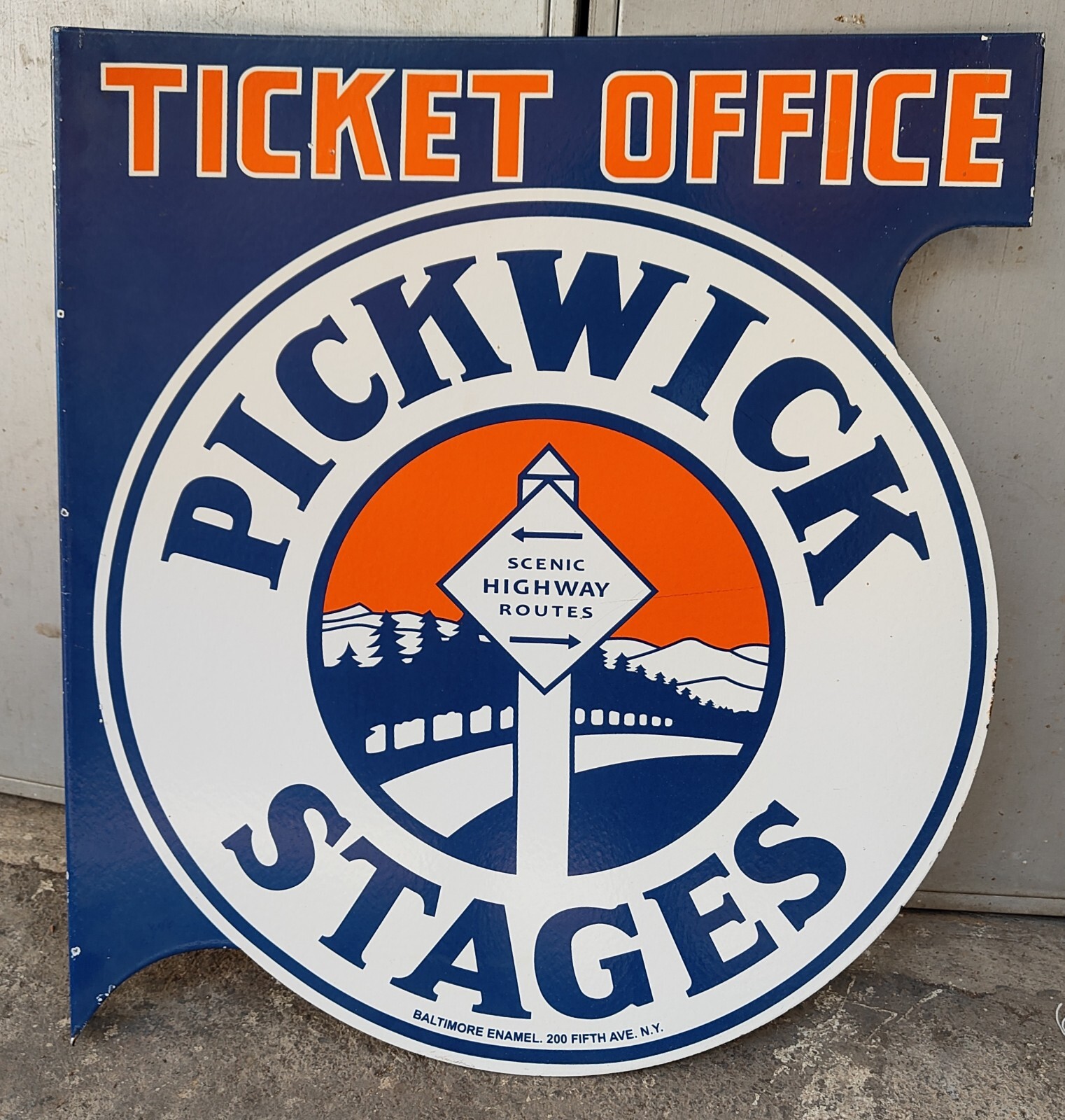 1940's Rare Vintage - PICK WICK STAGES Large Porcelain Enamel Dsp Flange Sign .