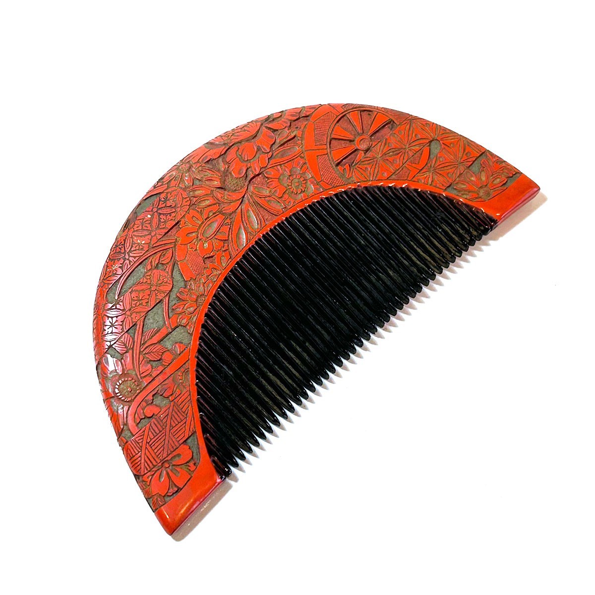 1900s Japanese Antique Lacquer Kushi Comb Chrysanthemum Carved Kimono Accessory