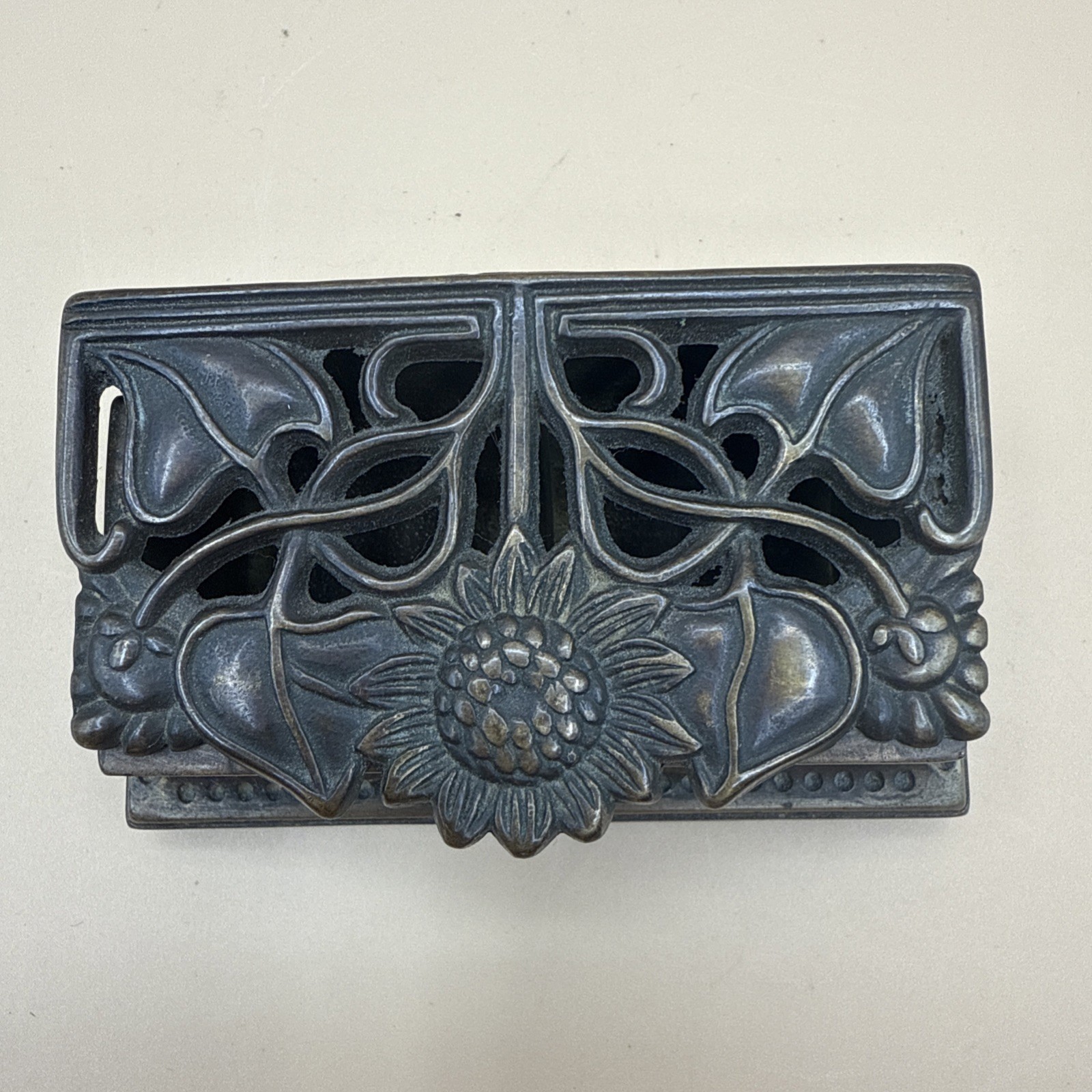 Antique Brass Hinged Stamp Box- Floral Lid ~3½ Antique Brass Hinged Stamp Box- Floral Lid ~3½