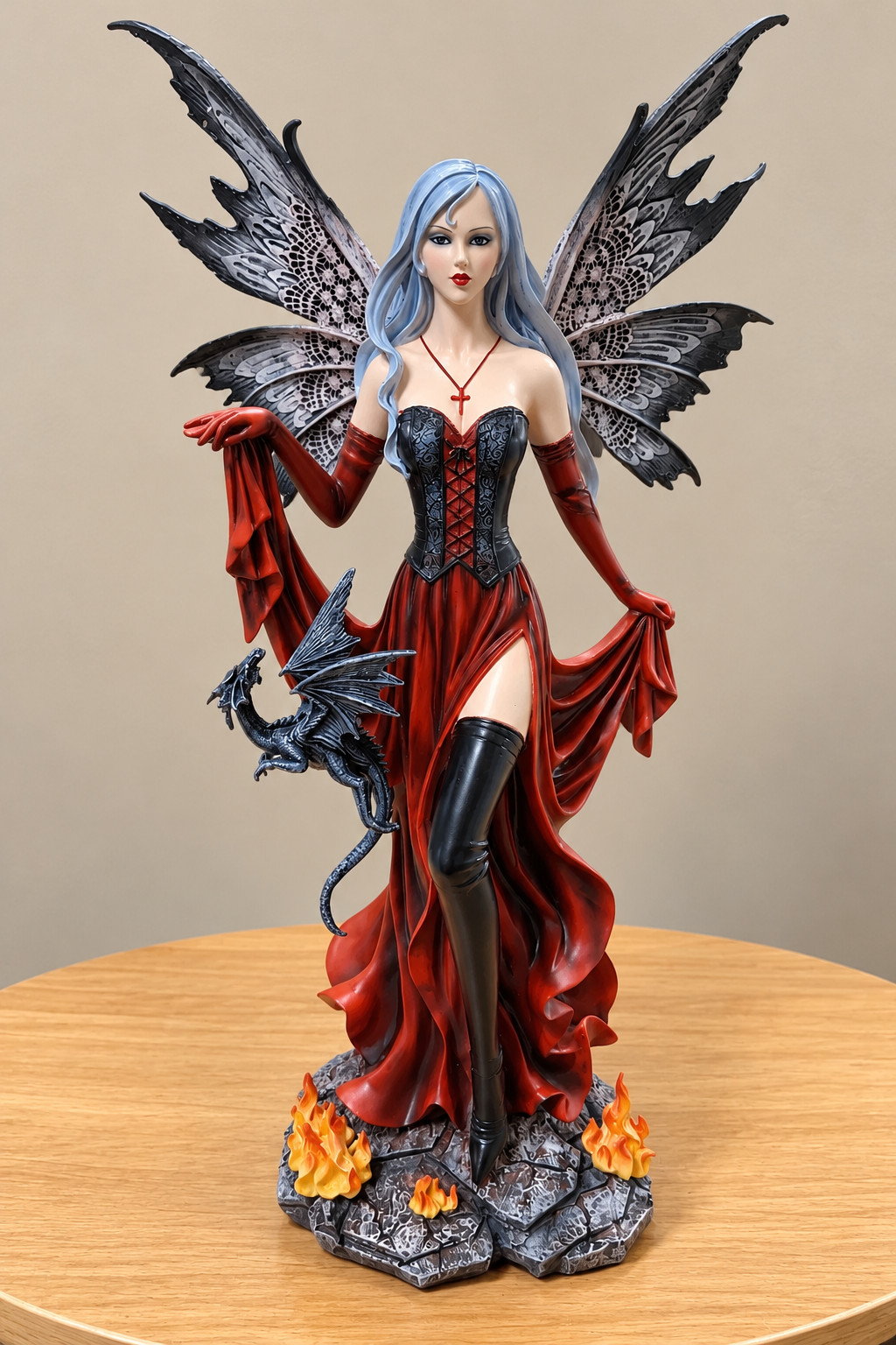 Fire Fairy with Dragon Gothic Fantasy Figurine Flame Guardian Statue