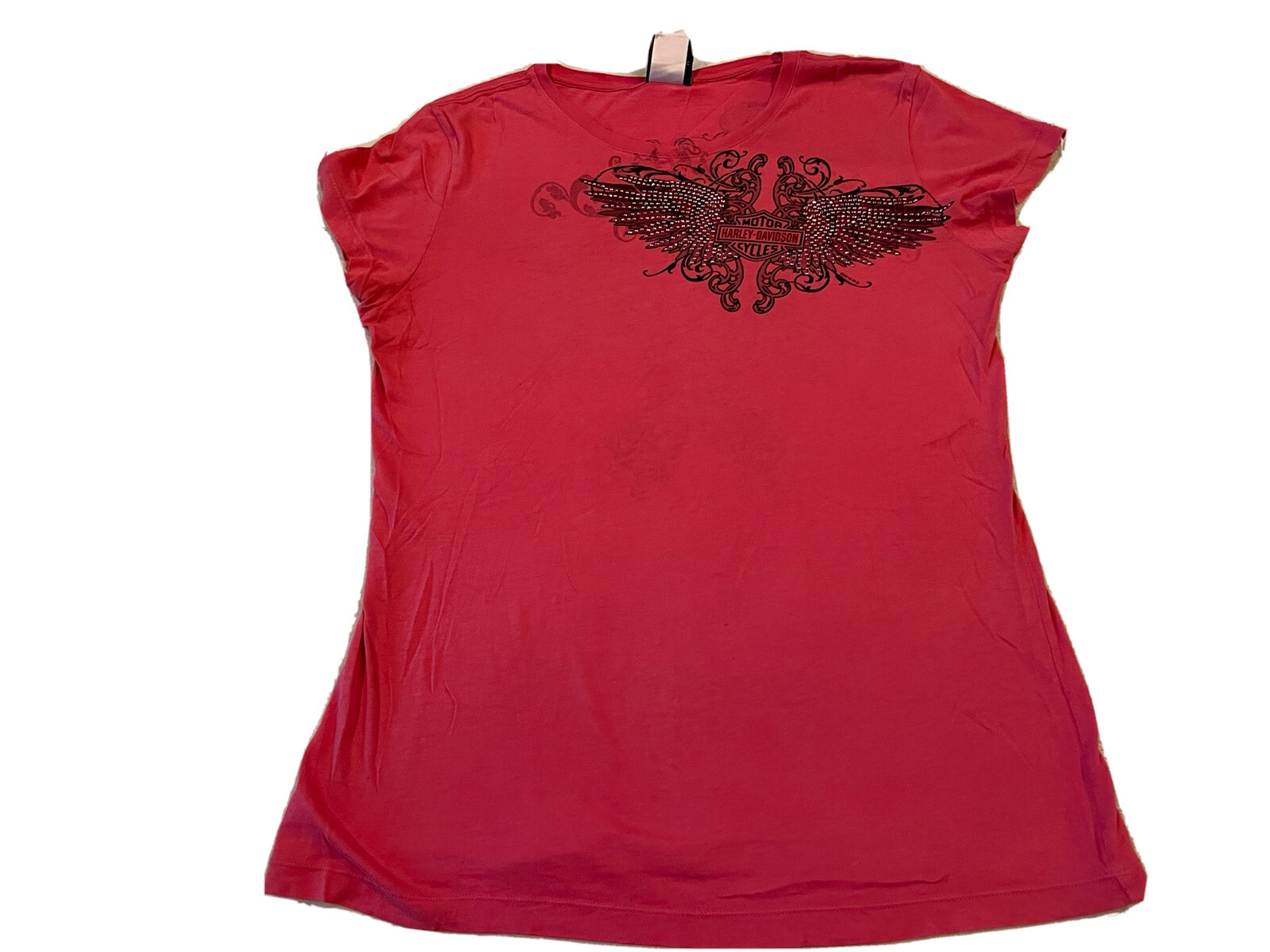 Harley Davidson slim fit hot pink women’s angel wings silver stone tshirt Large