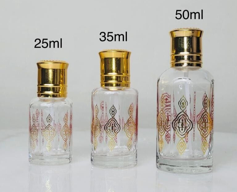 25, 35, 50ml Empty Perfume Printed Glass bottles Attar Oil 12pcs w Stick 25, 35, 50ml Empty Perfume Printed Glass bottles Attar Oil 12pcs w Stick