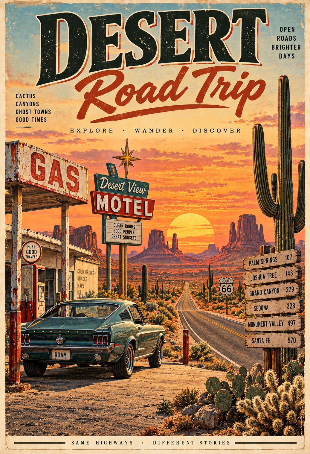 Desert Road Trip Vintage Travel Poster Motel Gas Station Southwest Art 13x19