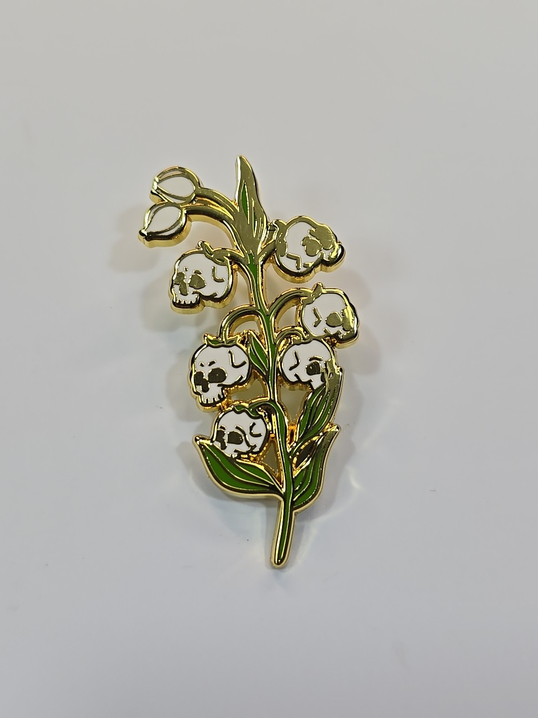 Skull Lily of the Valley Lapel Pin Gold & White Colors