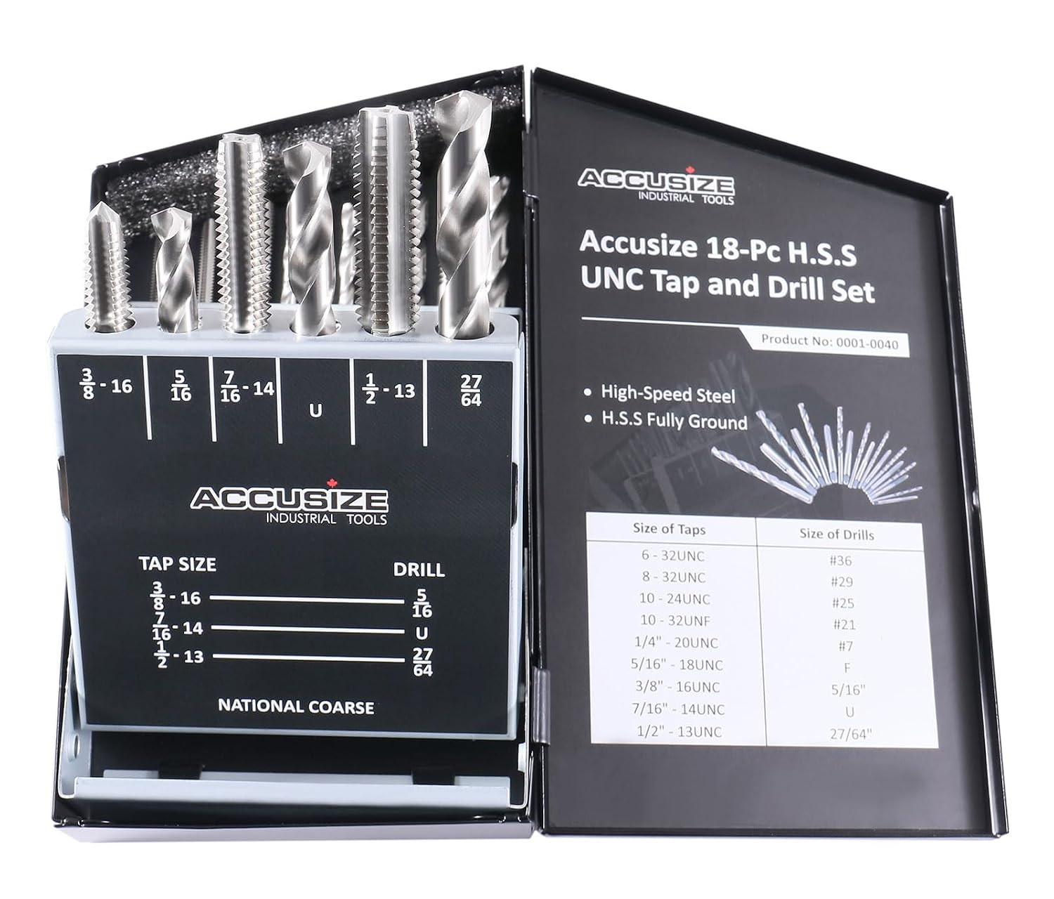 HSS Tap and Drill Set, UNC, 18 Pc, 0001-0040 | 18 Pc