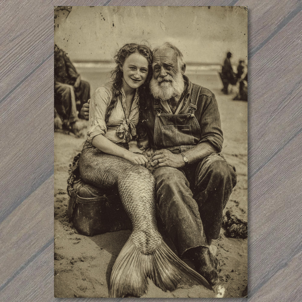 POSTCARD Mermaid Fisherman Beach Portrait Surreal Myth Folklore Ocean Romance POSTCARD Mermaid Fisherman Beach Portrait Surreal Myth Folklore Ocean Romance