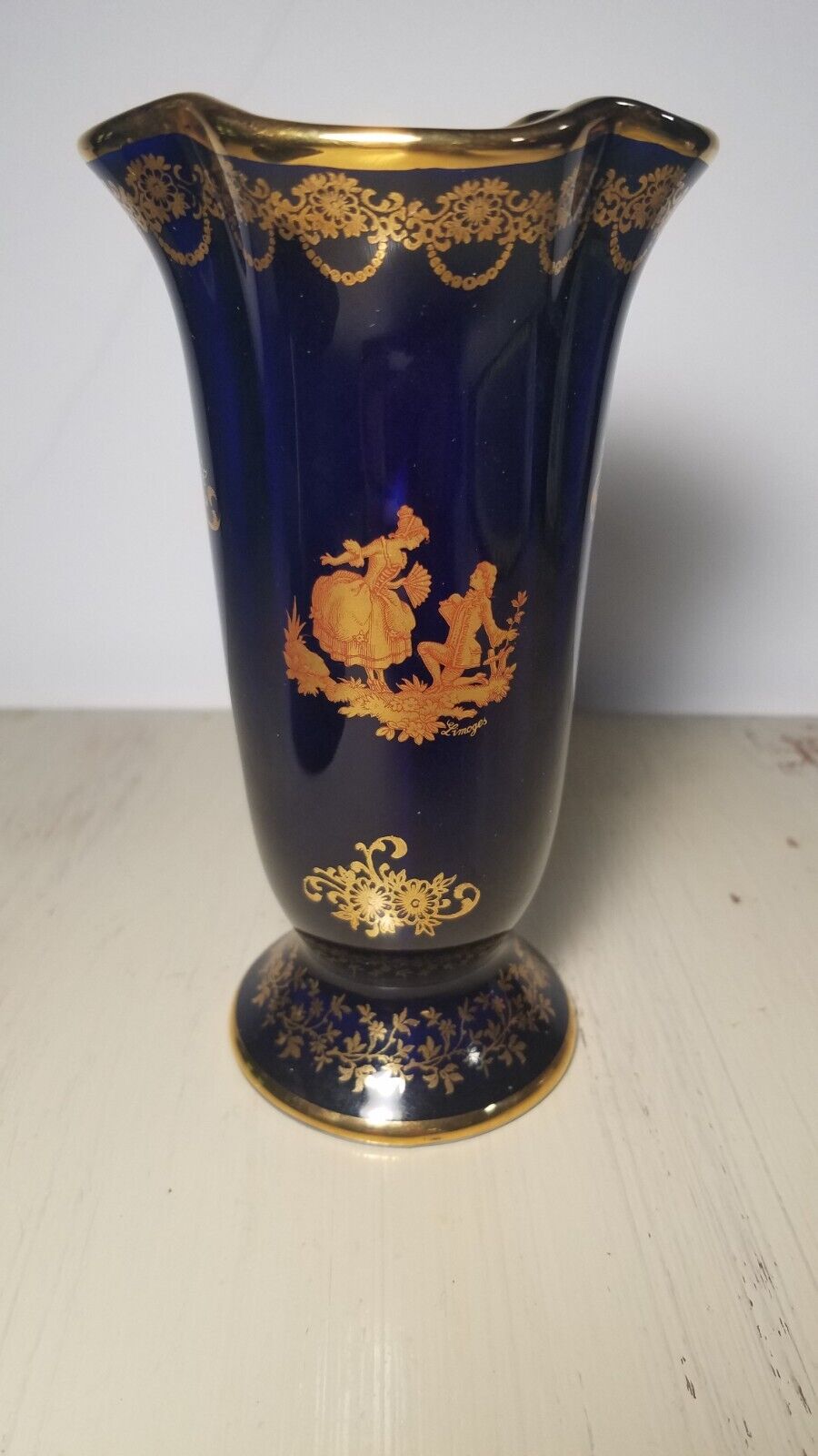 Limoges La Reine Cobalt Blue and  24KT  Gold Courting Scene Vase