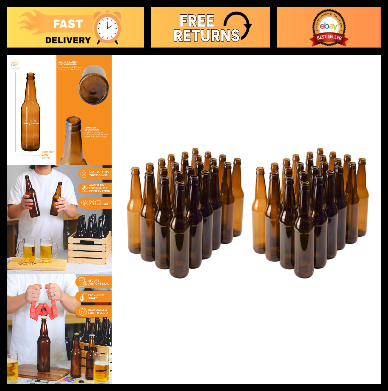 48 Pack 12oz Amber Glass Beer Bottles | Longneck Pry-off for Home Brewing Mead, 48 Pack 12oz Amber Glass Beer Bottles | Longneck Pry-off for Home Brewing Mead,