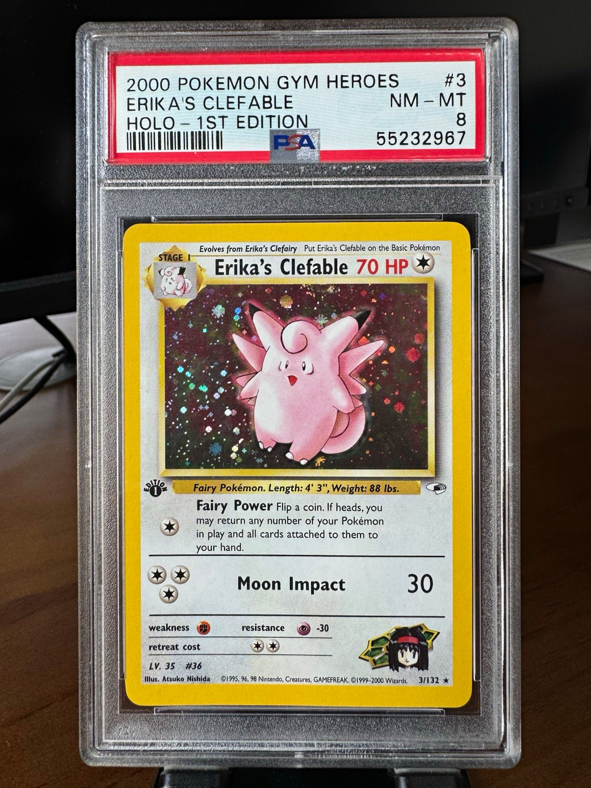 PSA 8 Erika's Clefable 1st Edition 3/132 Gym Heroes Holo Rare Pokémon WOTC 2000 PSA 8 Erika's Clefable 1st Edition 3/132 Gym Heroes Holo Rare Pokémon WOTC 2000