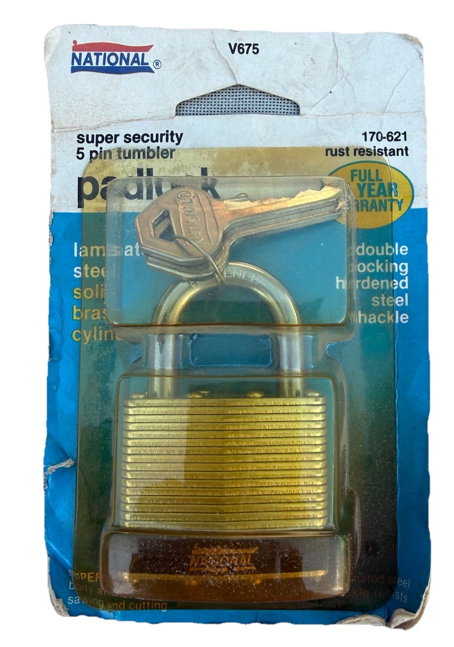 National padlock NIP unused V675 5 Pin Tumbler Vintage Laminated Steel
