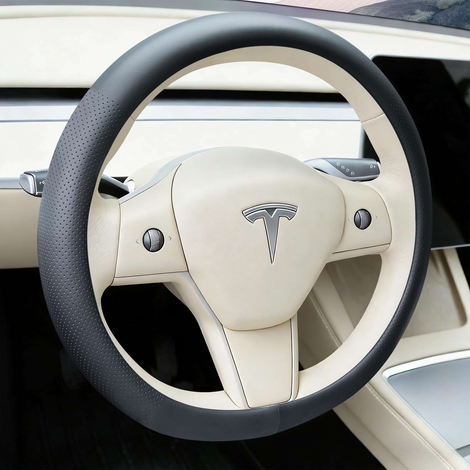Black Tesla Nappa Leather Steering Wheel Cover, Model 3/Y Accessories, Comfor...