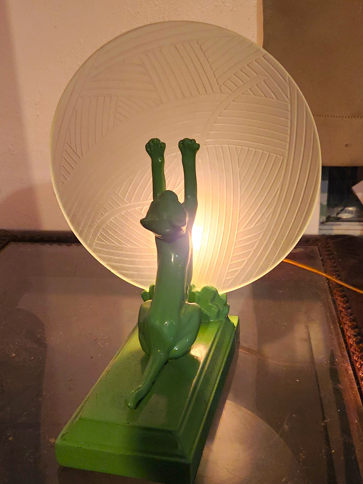 Vintage Art Deco Frankart Revival Cat Lamp With Yarn Shade. Original Patina.