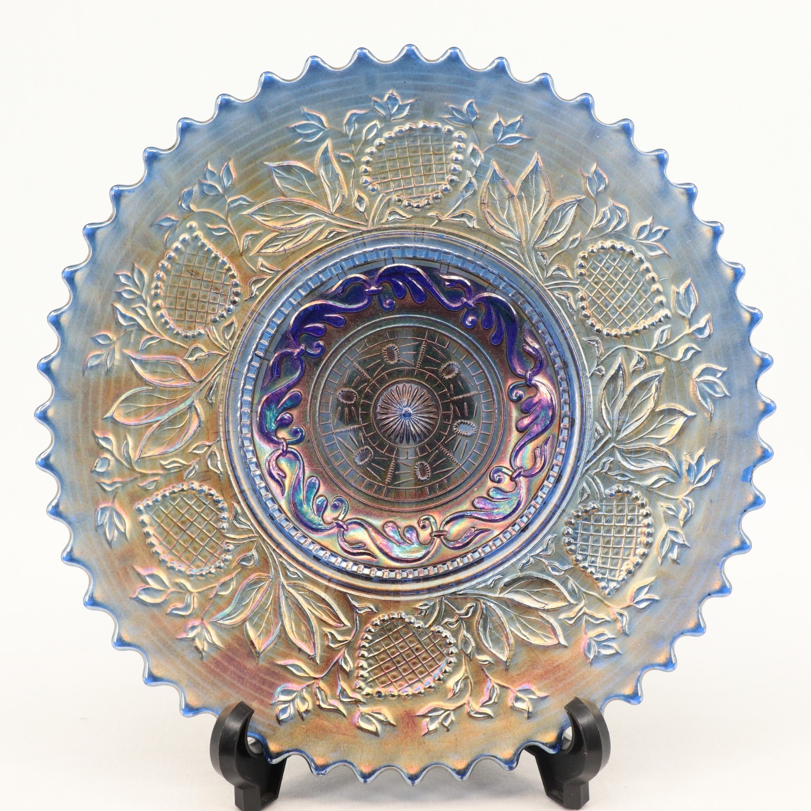 Antique Dugan Fanciful Carnival Glass Plate Cobalt Blue 9