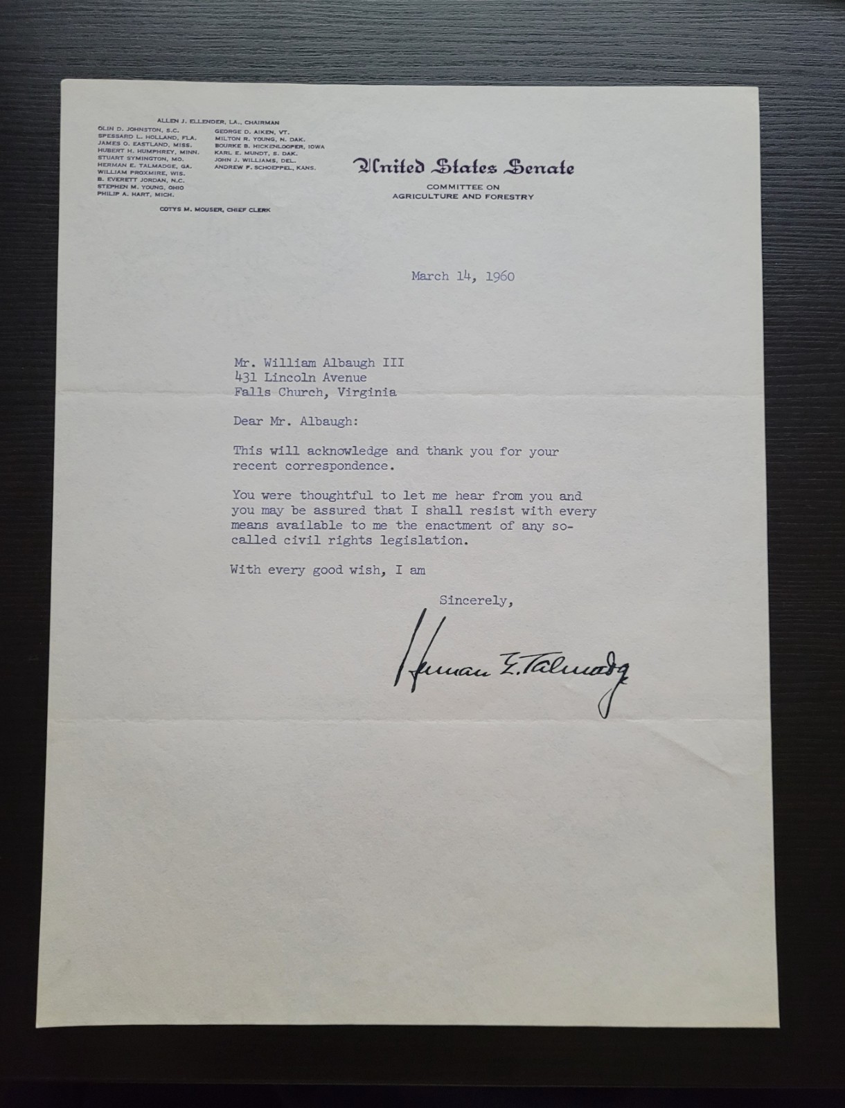 1960 Herman Talmadge Signed Letter - Resists Civil Rights Legislation racist