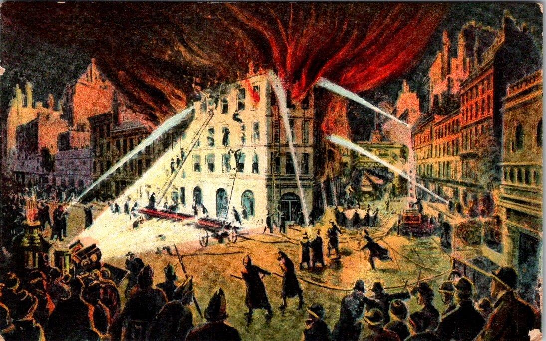 1907-10\'s FIRE DEPARTMENT FIREMEN FIGHTING HUGE BLAZE in CITY ANTIQUE POSTCARD