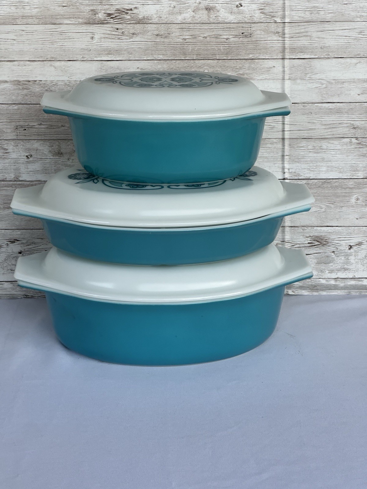 Vintage Pyrex Blue Horizon Oval Casserole Set 043 045 Divided w/Lids