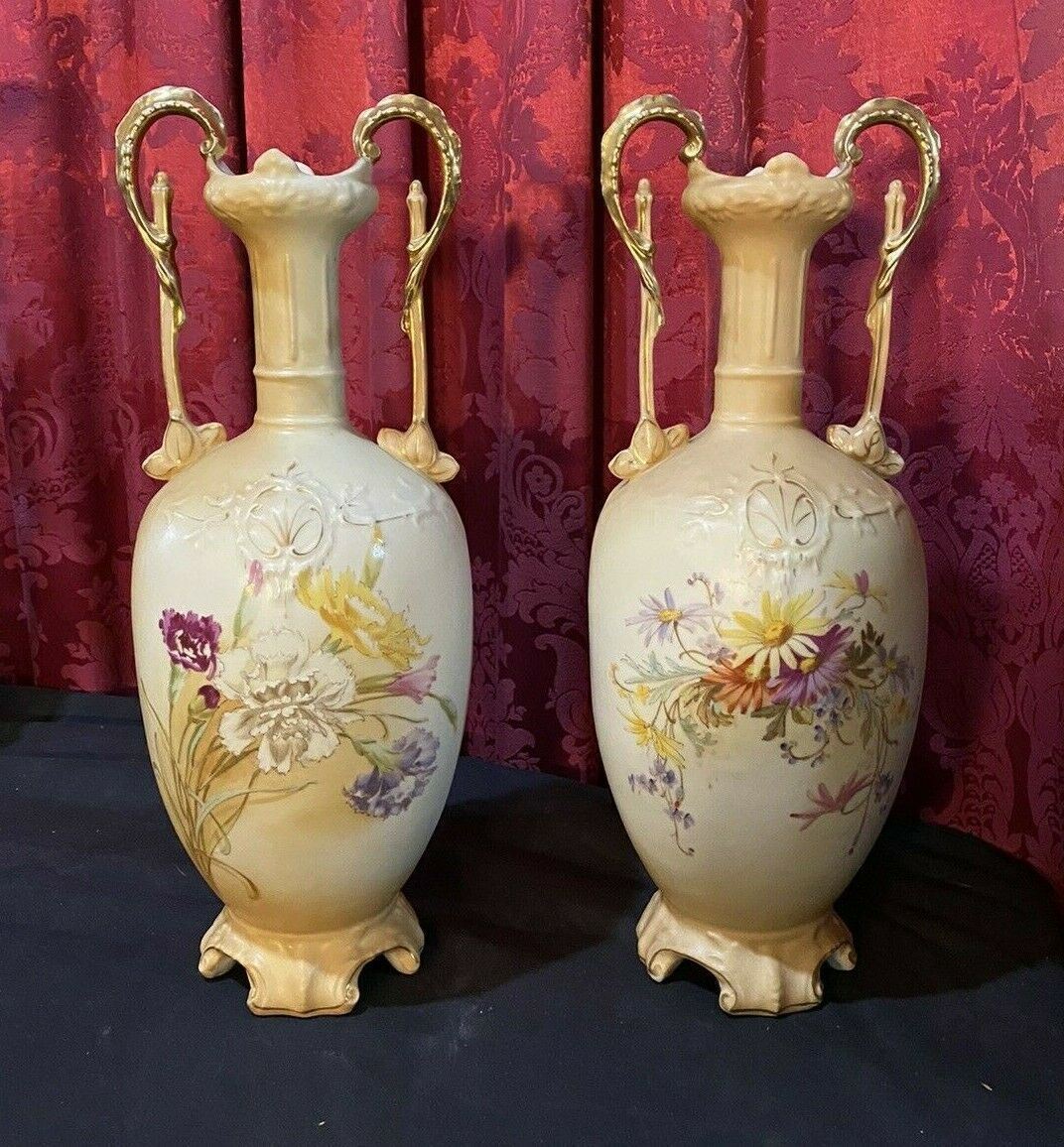 BEAUTIFUL PAIR ANTIQUE VICTORIAN AUSTRIAN PORCELAIN FLORAL DECORATED 15.5
