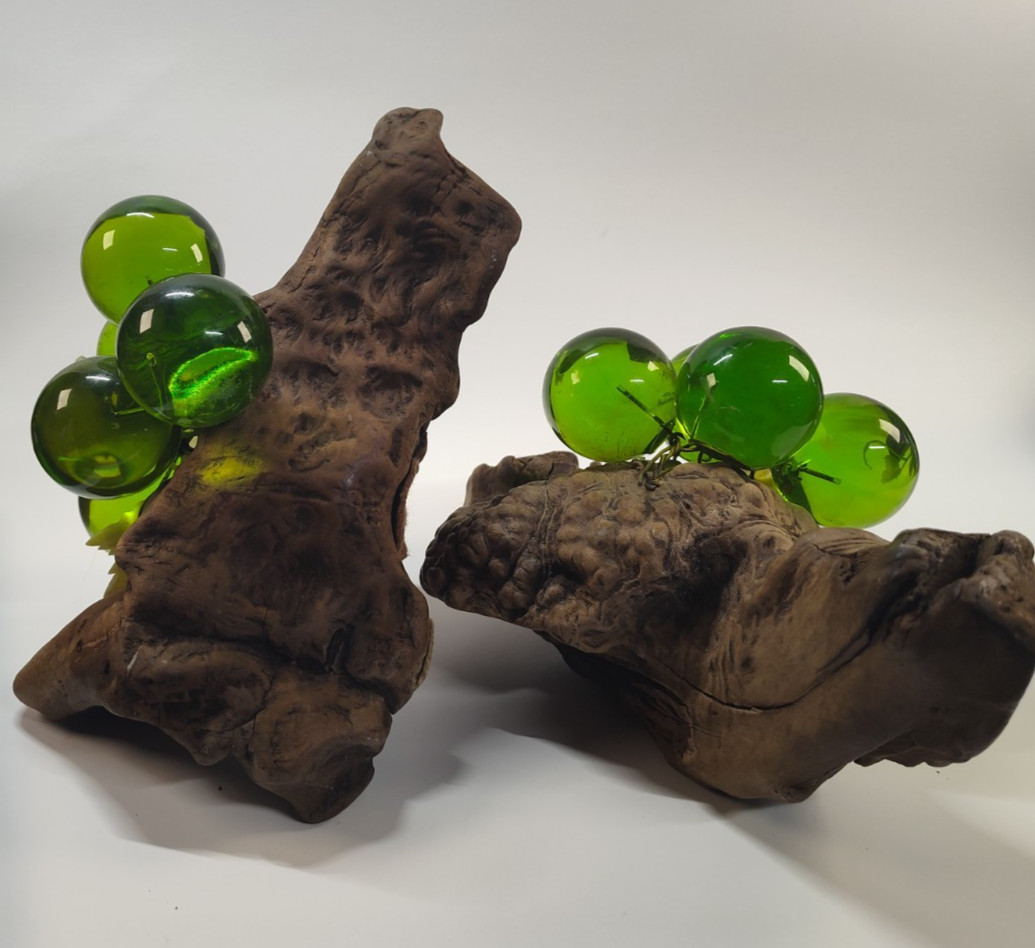 Pair Vintage MCM Green Resin Lucite Grapes Driftwood Mid Century Boho Decor