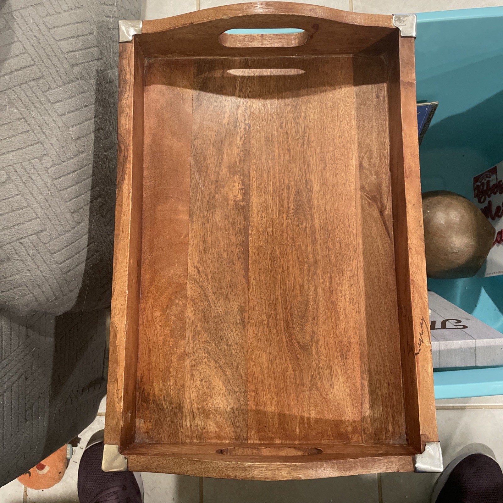 Vintage MCM Wood Serving Tray With Handles & Metal Corners Made In India Vintage MCM Wood Serving Tray With Handles & Metal Corners Made In India