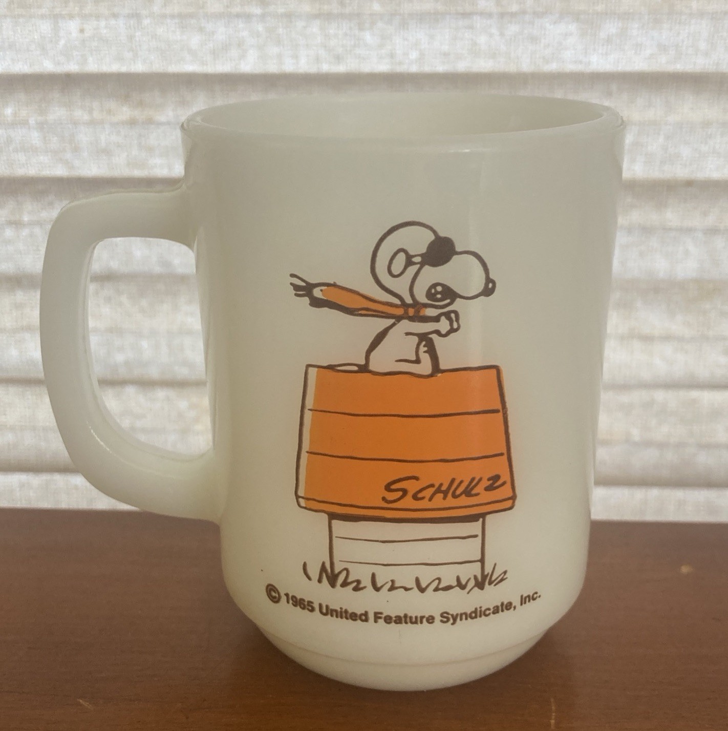 Rare VTG 1965 Fire-King Snoopy Mug Curse You Red Baron ORANGE VARIANT Milk Glass