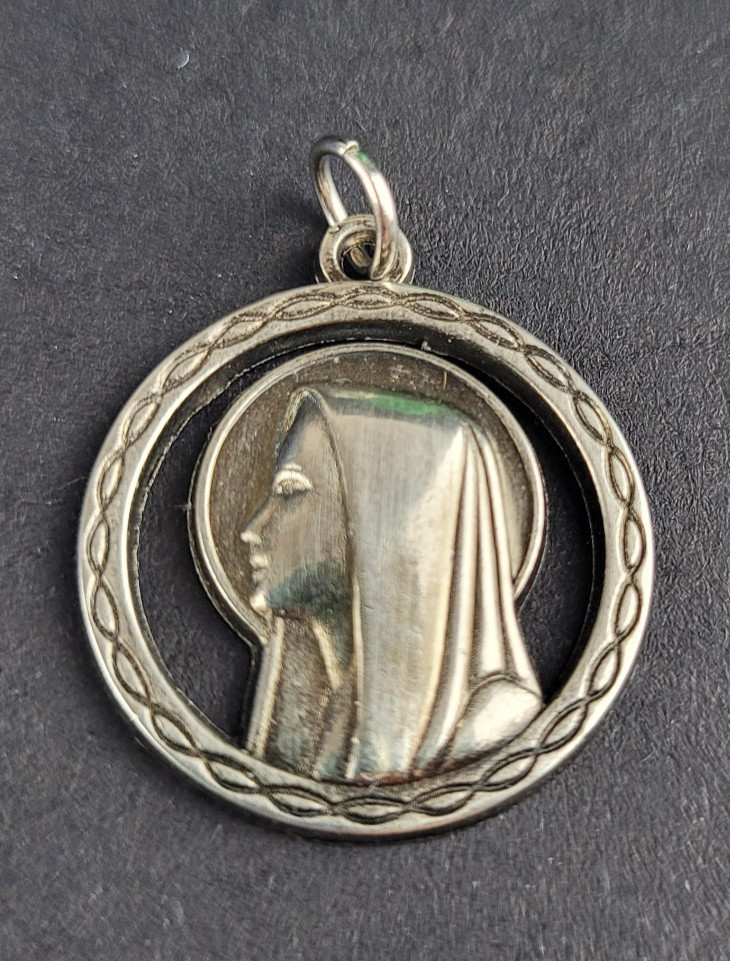 Vintage Silver Tone Virgin Mary Medal Pendant