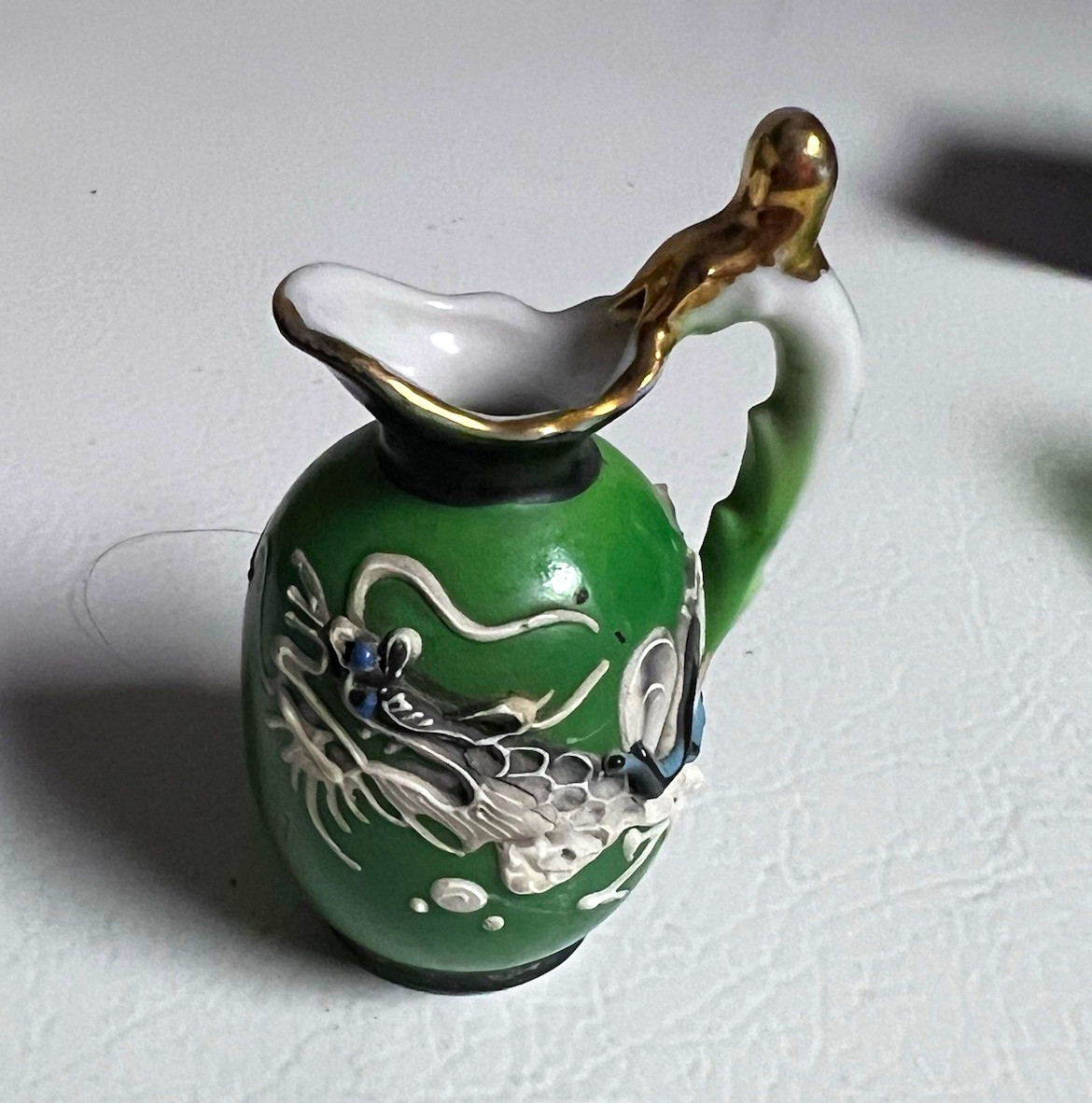 Japanese Green Ceramic Mini Pitcher/Creamer Vase, Gold Trim, Japan Marked Japanese Green Ceramic Mini Pitcher/Creamer Vase, Gold Trim, Japan Marked
