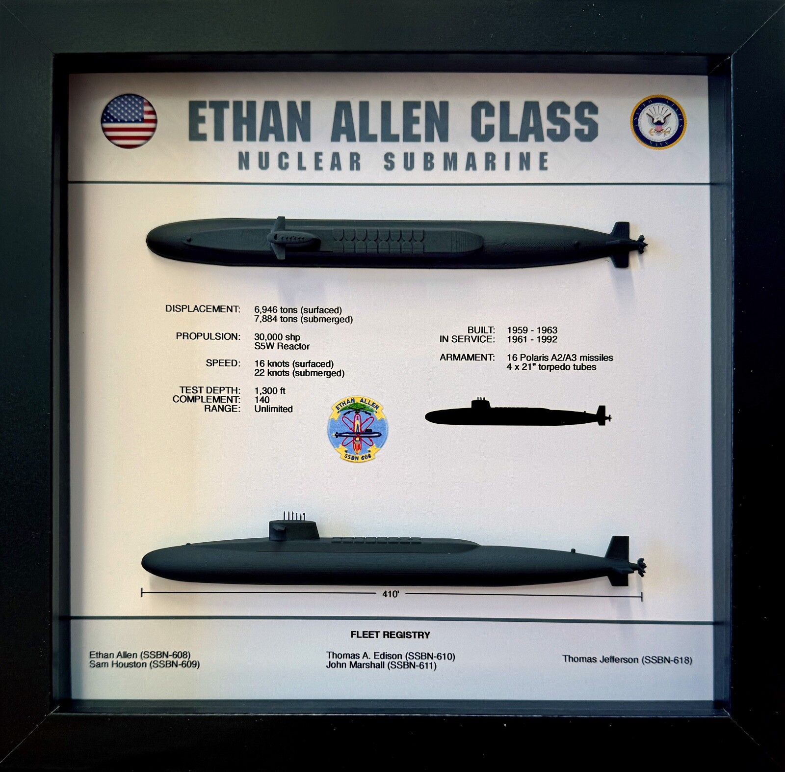Ethan Allen Class, Submarine Shadow Display Box, 9\ Ethan Allen Class, Submarine Shadow Display Box, 9\