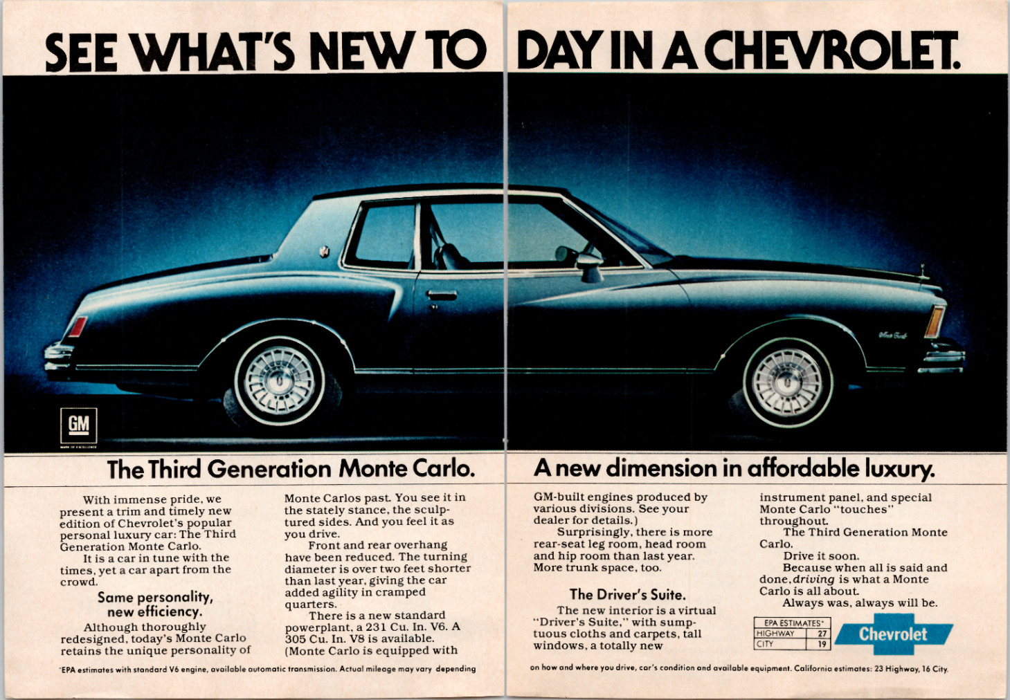 Chevrolet Monte Carlo 1978 1979 Vintage Original Magazine Ad Print Two Page Chevrolet Monte Carlo 1978 1979 Vintage Original Magazine Ad Print Two Page