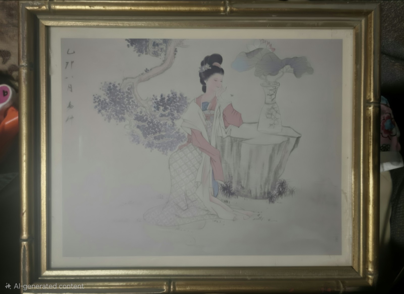 Framed Chinese Art Prints Set of 4 Figures Scenes Characters Red Seals