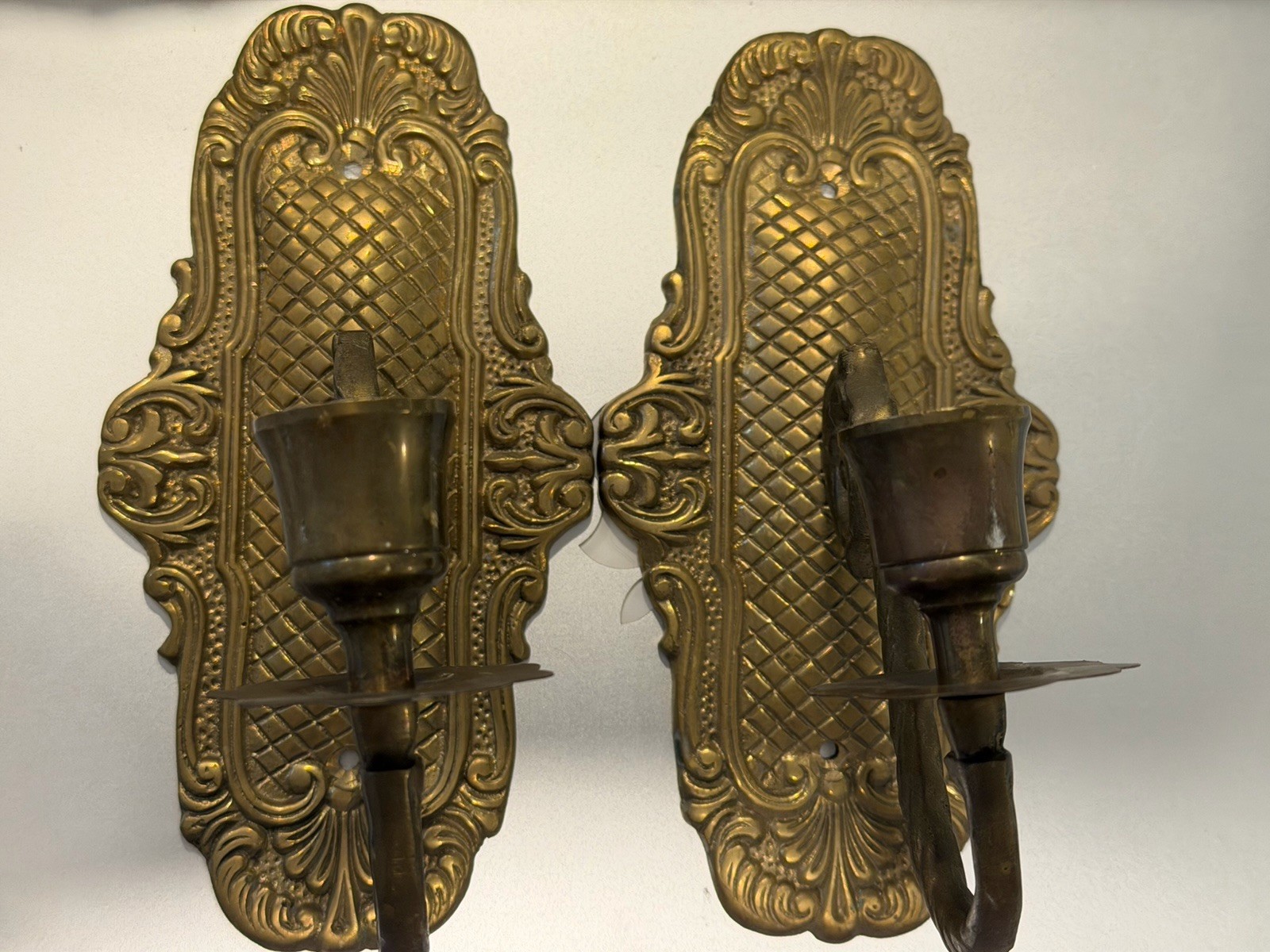 Pair Antique Brass Wall-Mount Candle Sconces Ornate Scroll Backplates Pair Antique Brass Wall-Mount Candle Sconces Ornate Scroll Backplates