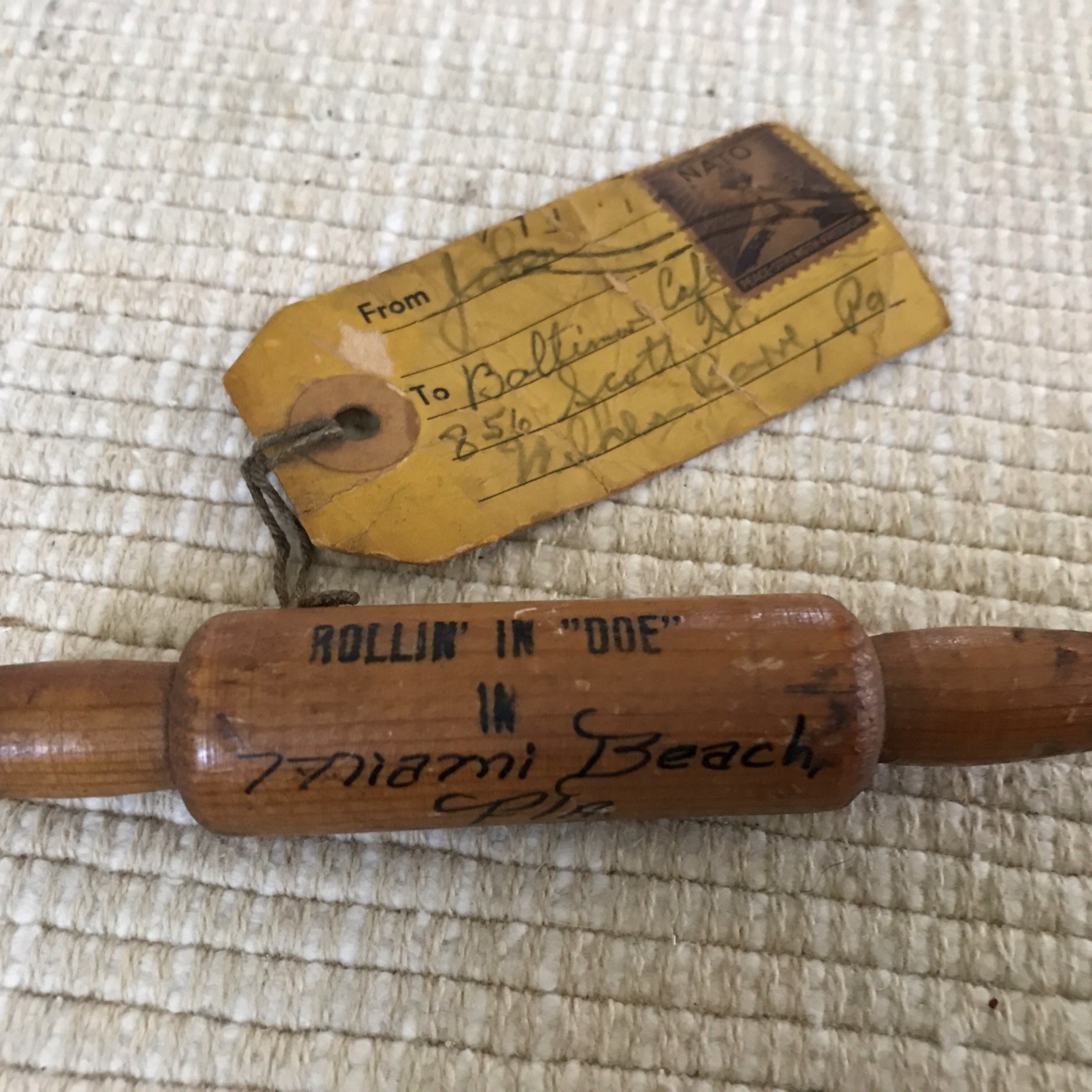 MIAMI BEACH FLORIDA VINTAGE SOUVENIR MAILING ROLLING PIN