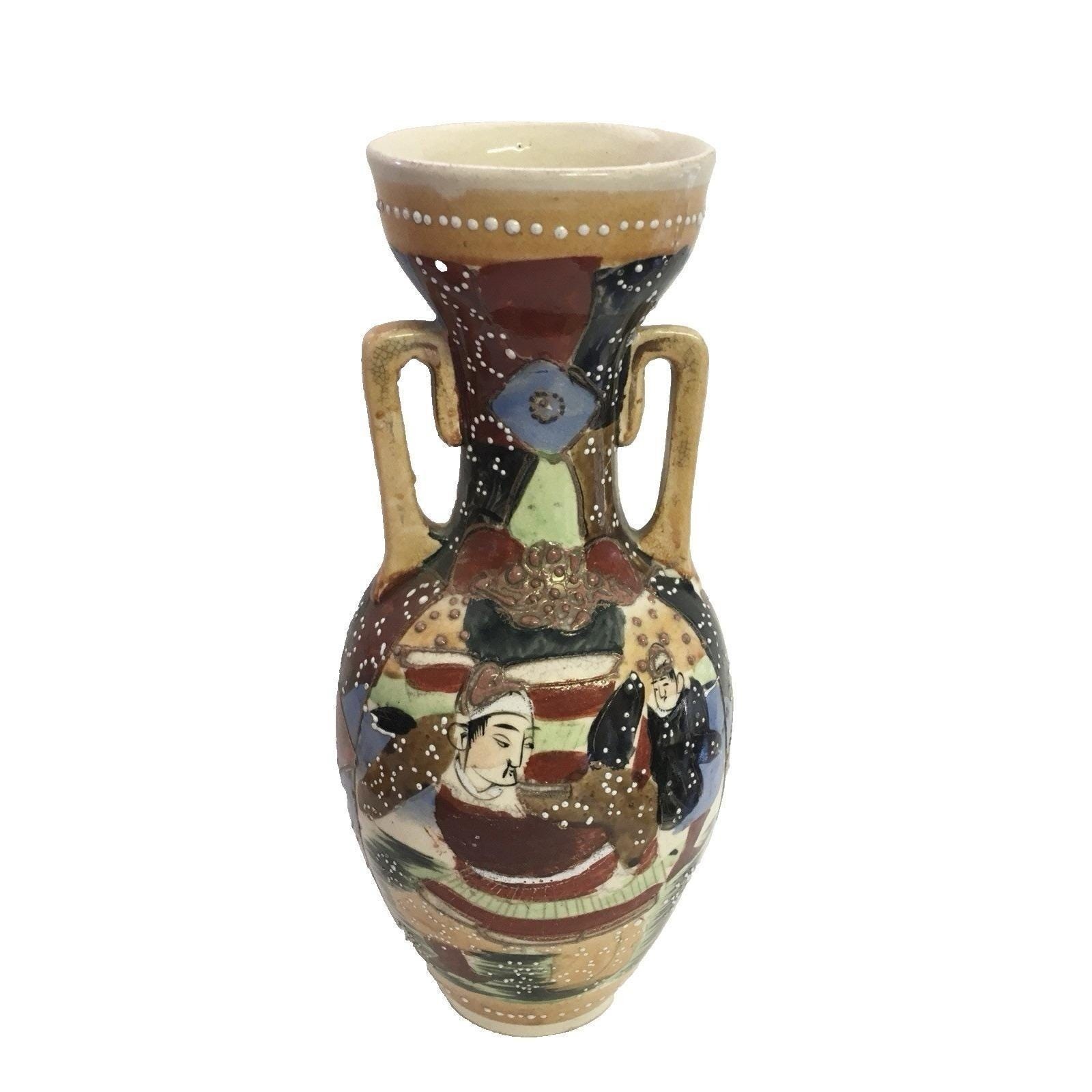 Antique Japanese Handled Vase Hand Painted Moriage Meiji Early 1900s