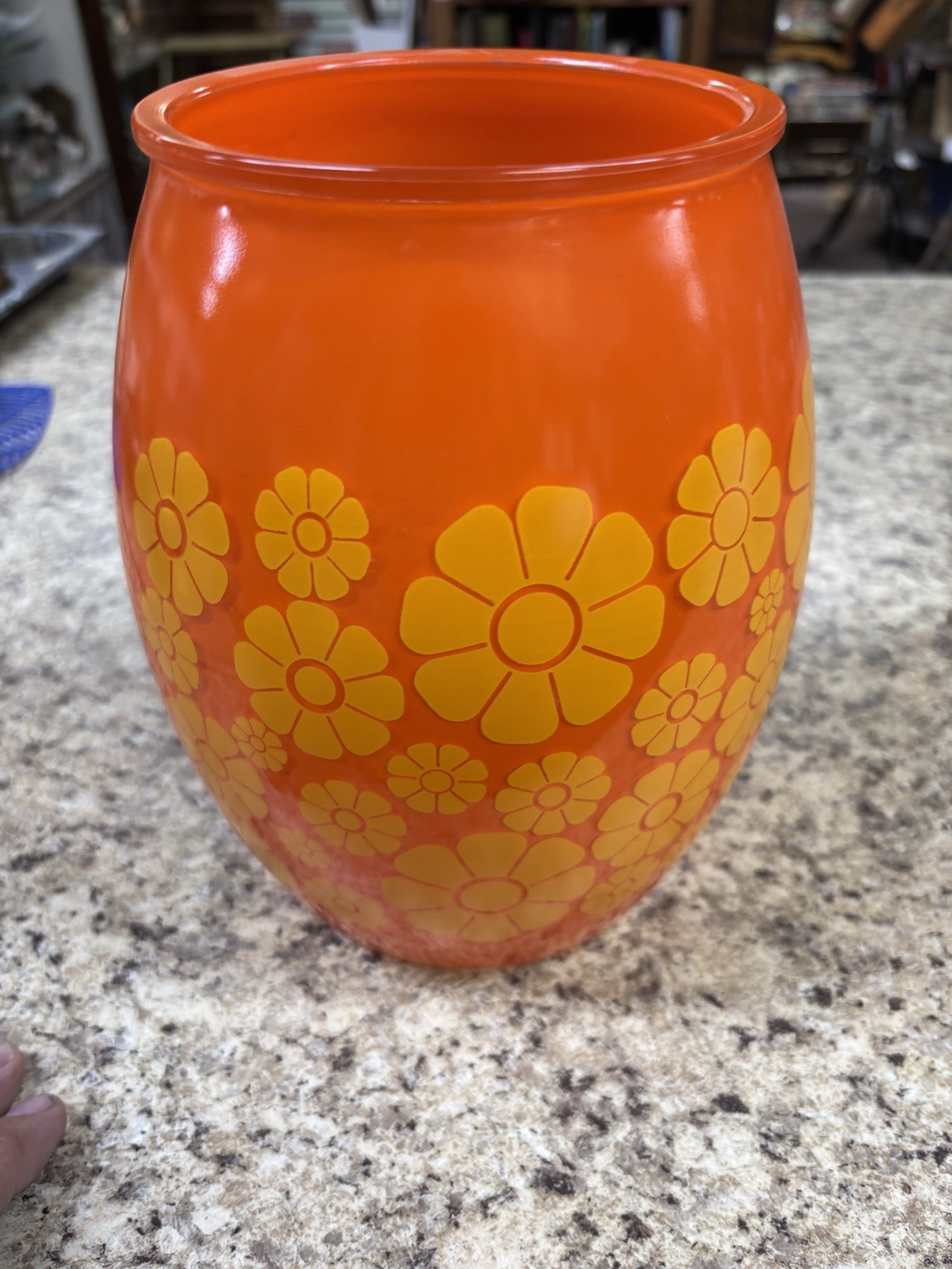 Vintage Midcentury Bartlett Collins Glass Cookie Jar Orange with Yellow Daisies