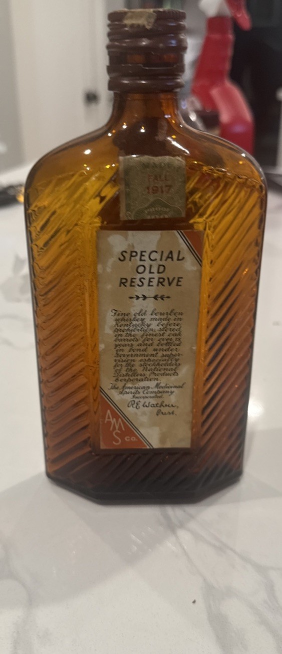 AMS Co 1917 Special Old Reserve Bourbon EMPTY Bottle prohibition era AMS Co 1917 Special Old Reserve Bourbon EMPTY Bottle prohibition era