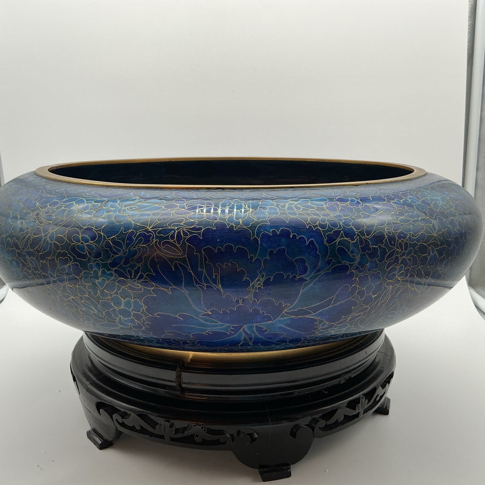 Vintage c. 1950 Beijing China Blue Green Lotus Cloisonné Bowl 15” Wood Stand Vintage c. 1950 Beijing China Blue Green Lotus Cloisonné Bowl 15” Wood Stand